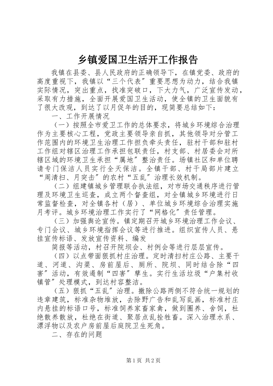 2023年乡镇爱国卫生活动工作报告.docx_第1页