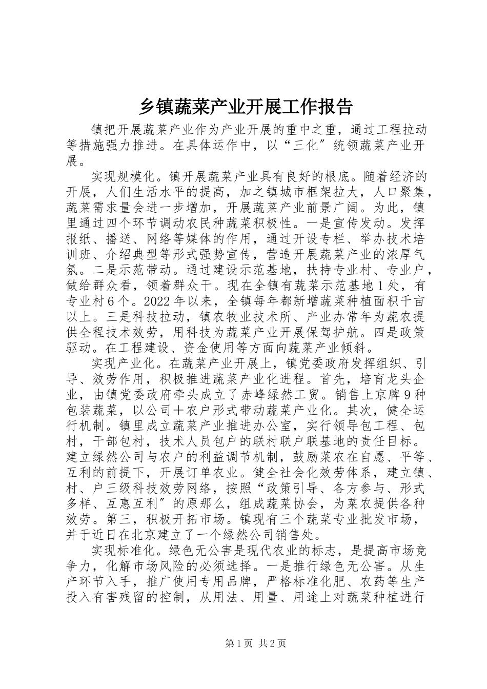 2023年乡镇蔬菜产业发展工作报告.docx_第1页