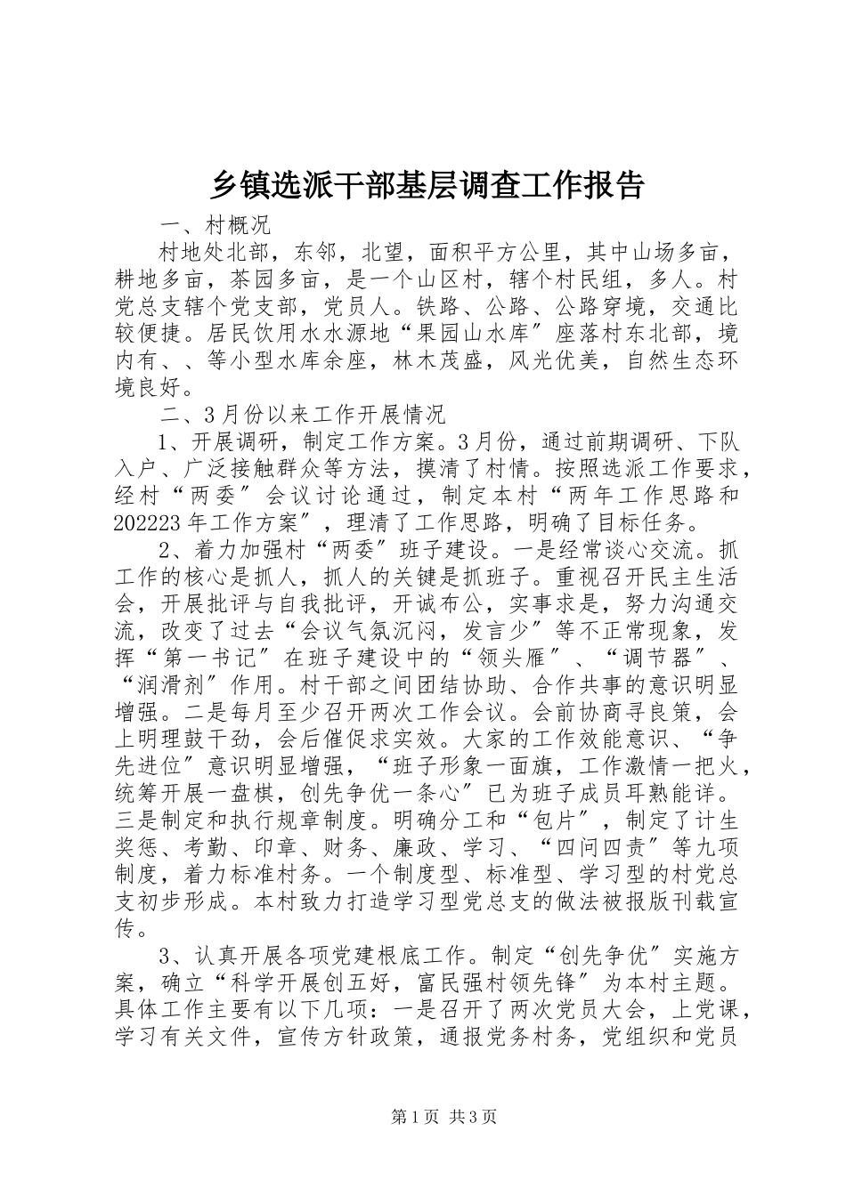 2023年乡镇选派干部基层调查工作报告.docx_第1页