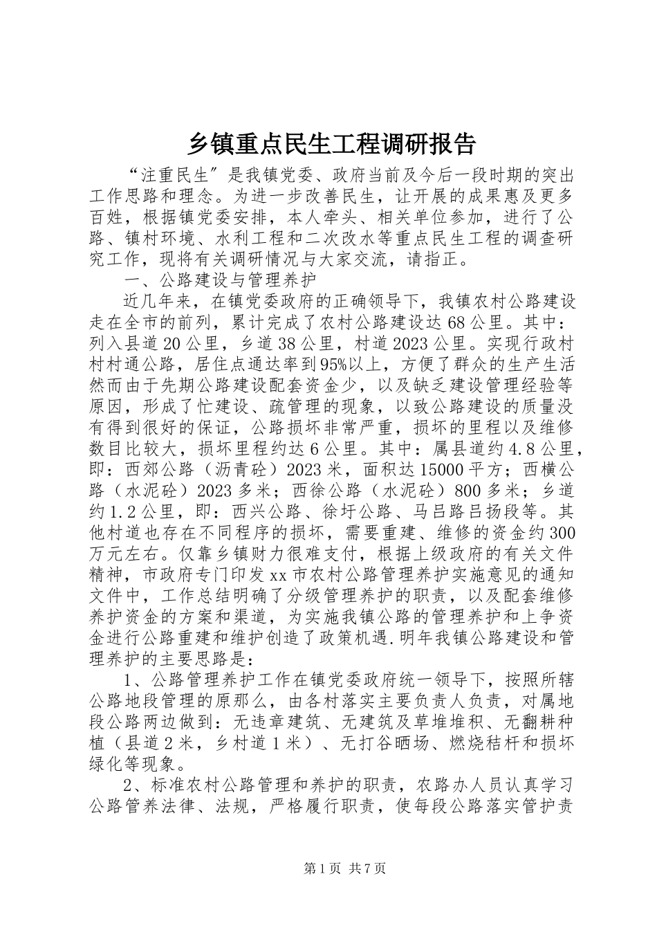 2023年乡镇重点民生工程调研报告.docx_第1页
