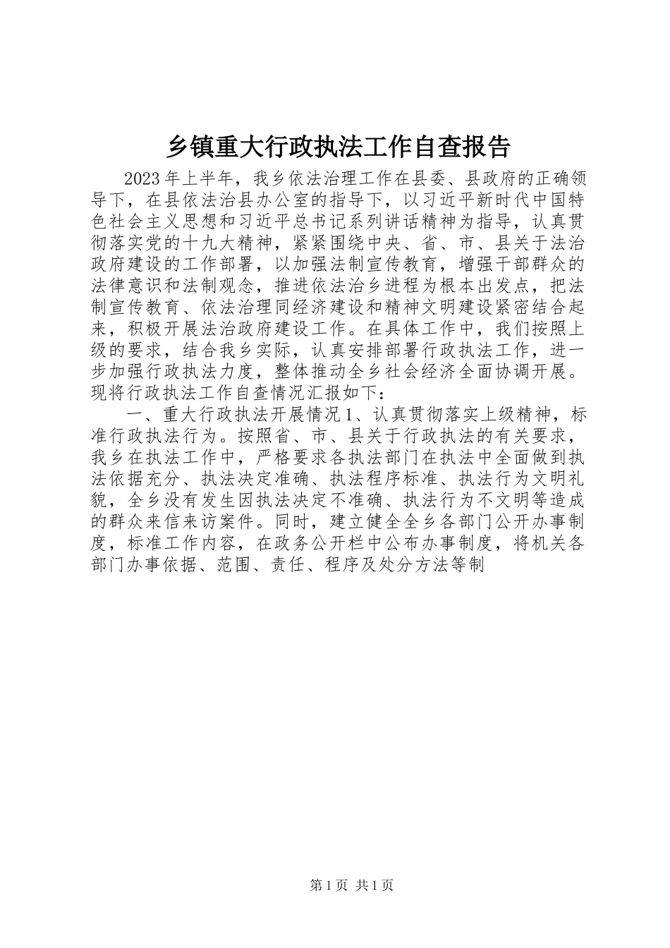 2023年乡镇重大行政执法工作自查报告.docx_第1页