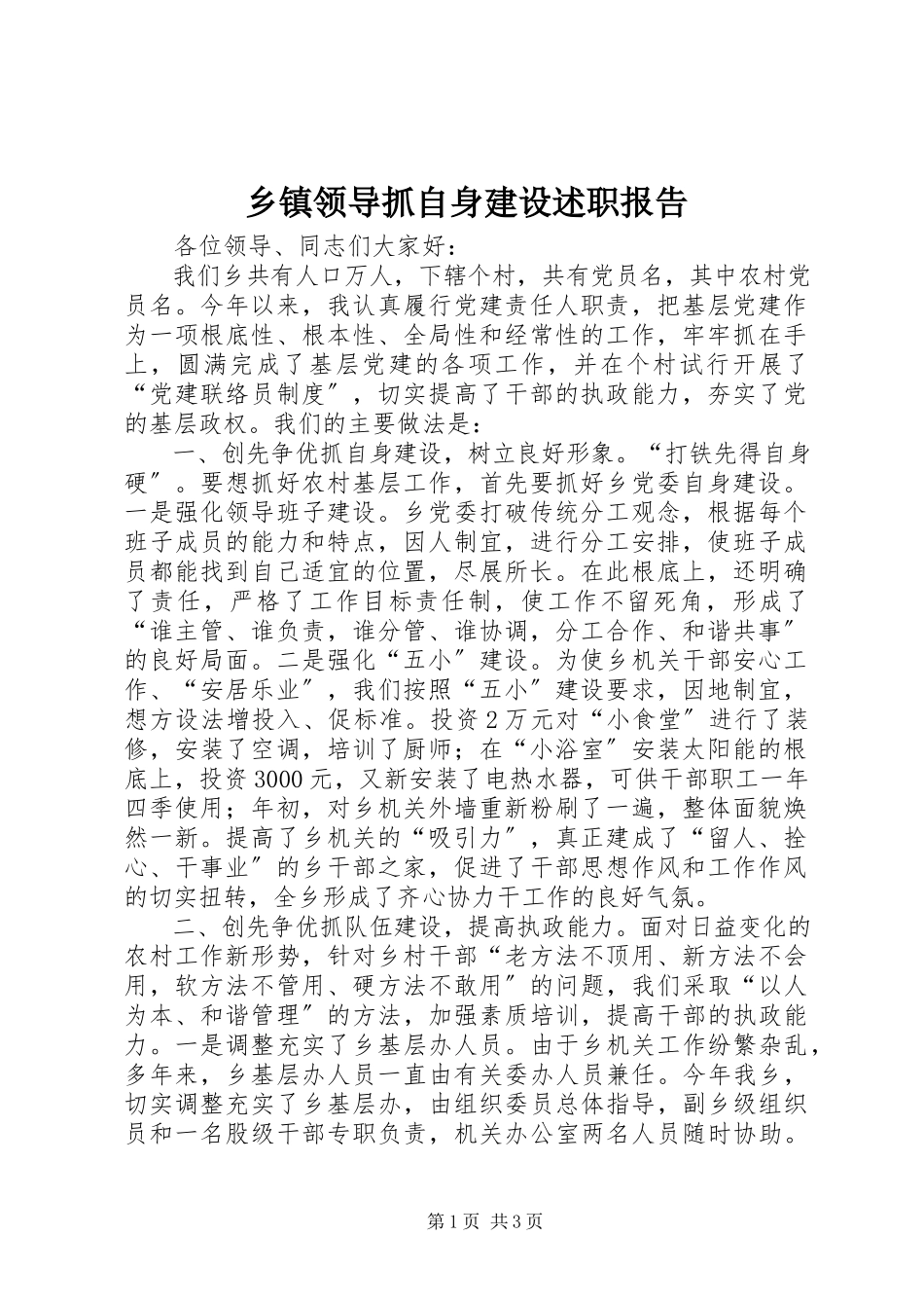2023年乡镇领导抓自身建设述职报告.docx_第1页