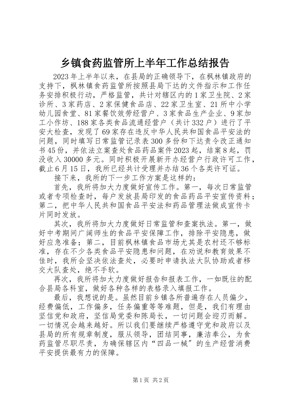 2023年乡镇食药监管所上半年工作总结报告.docx_第1页