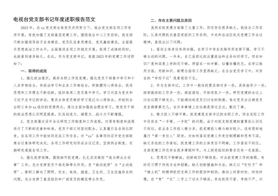 2023年书记述职电视台党支部书记年度述职报告.docx_第1页