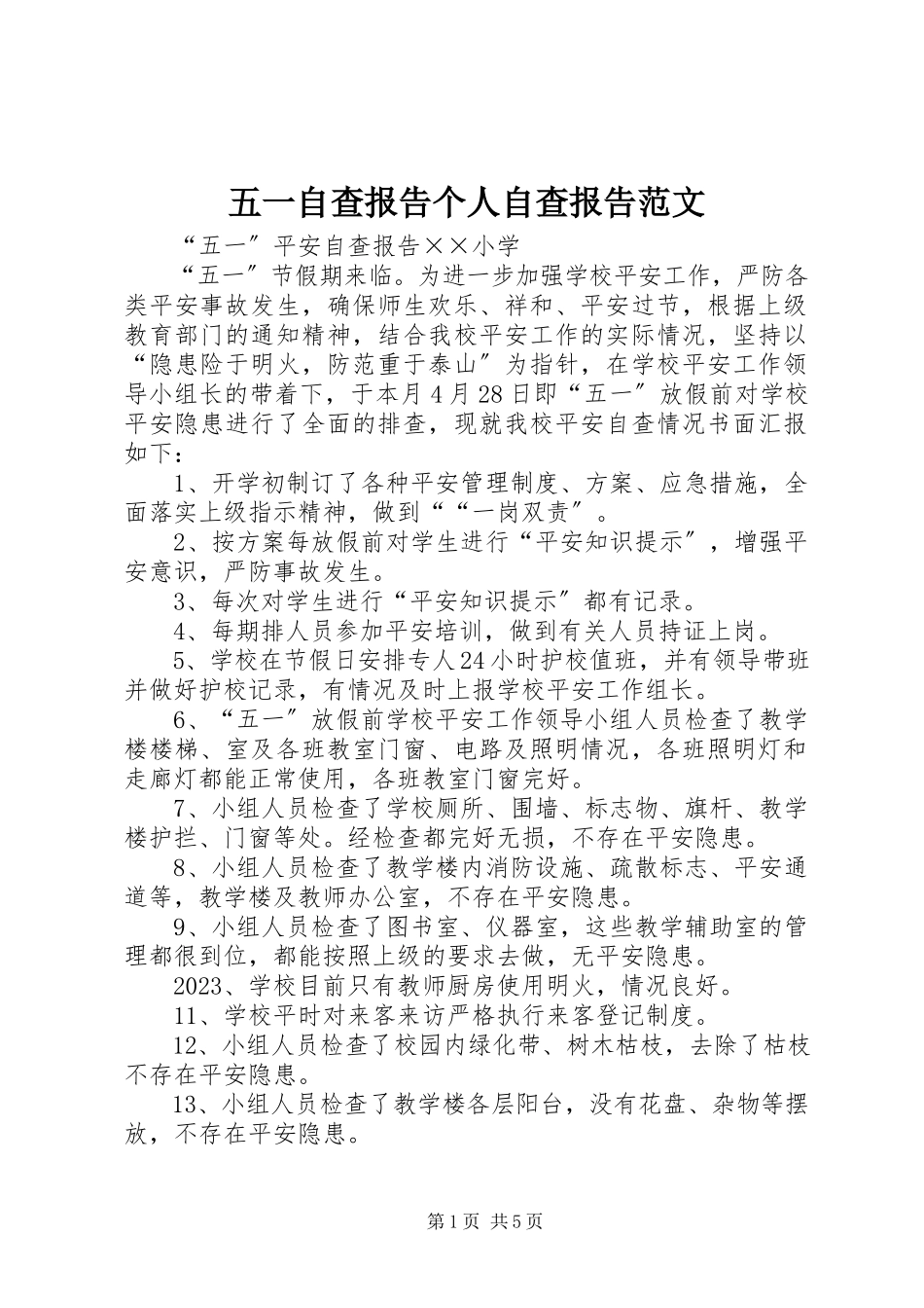 2023年五一自查报告个人自查报告.docx_第1页