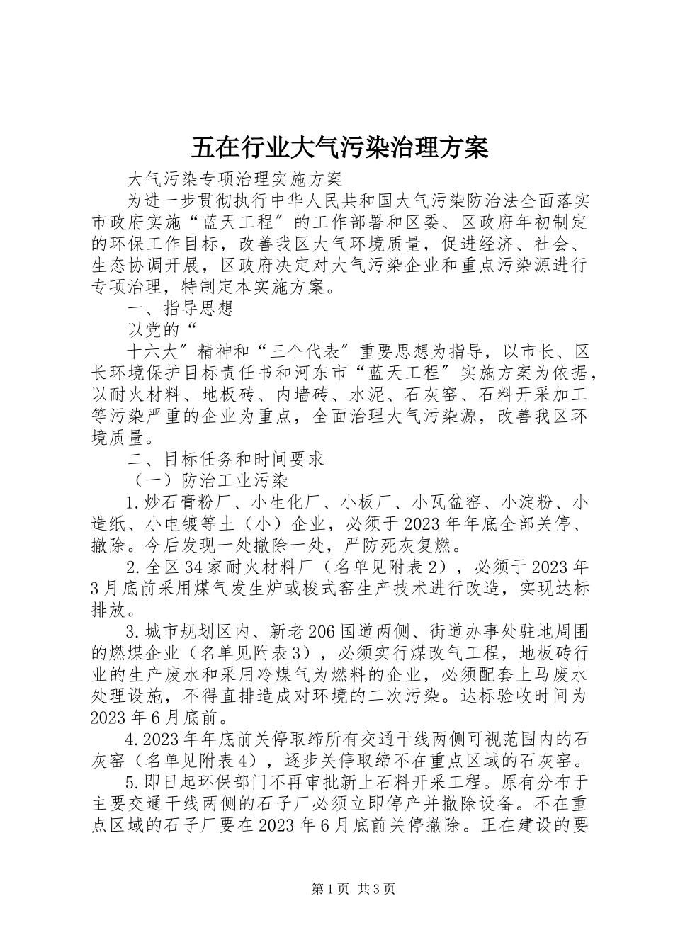 2023年五在行业大气污染治理方案.docx_第1页