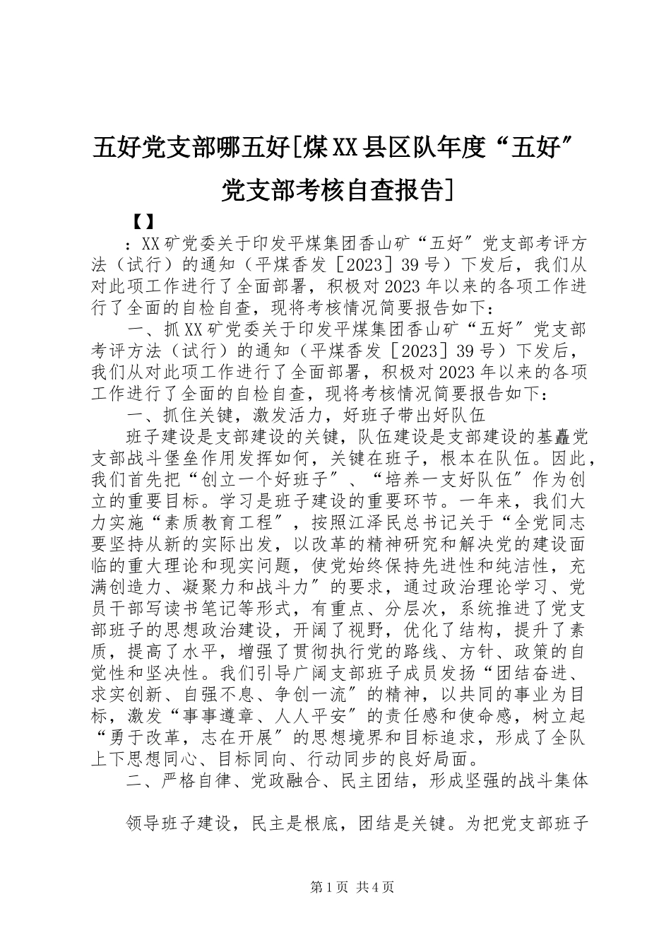 2023年五好党支部哪五好煤XX县区队年度“五好”党支部考核自查报告.docx_第1页