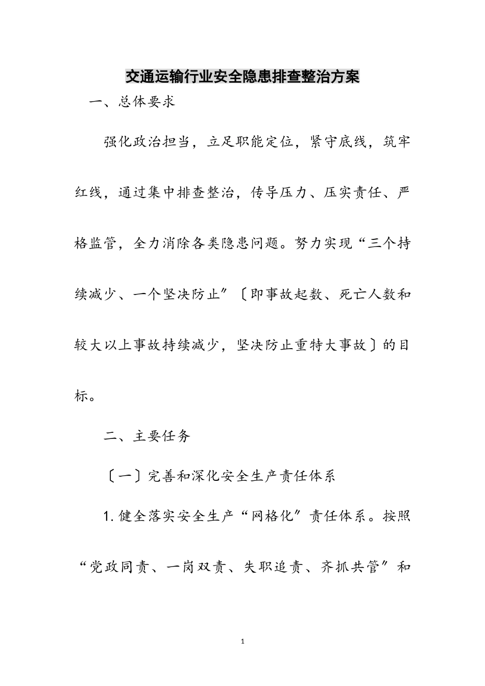 2023年交通运输行业安全隐患排查整治方案范文.doc_第1页