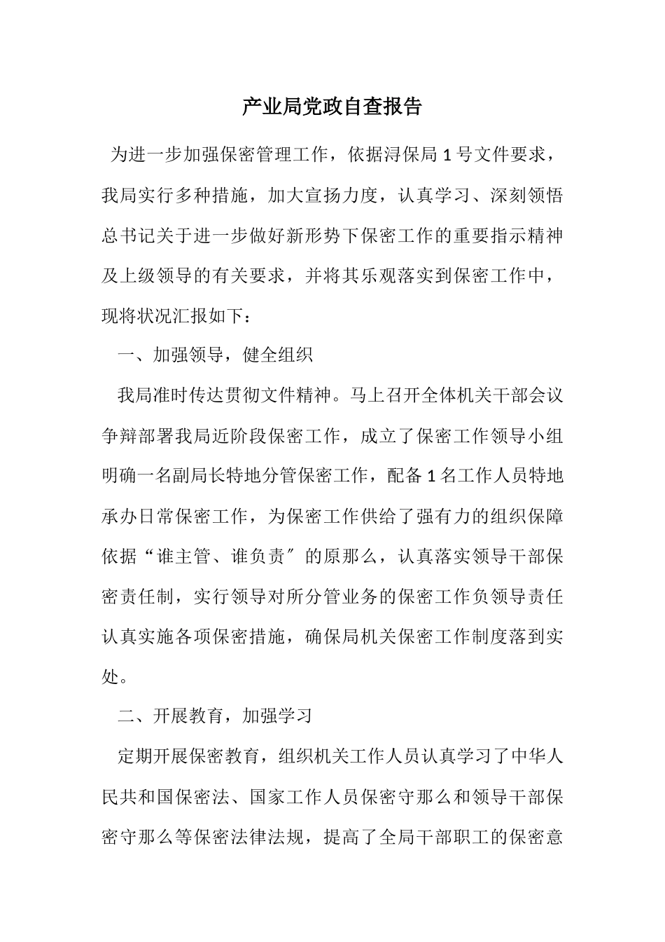 2023年产业局党政自查报告.docx_第1页