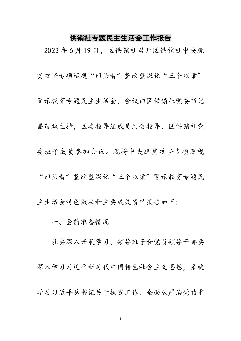 2023年供销社专题民主生活会工作报告范文.doc_第1页