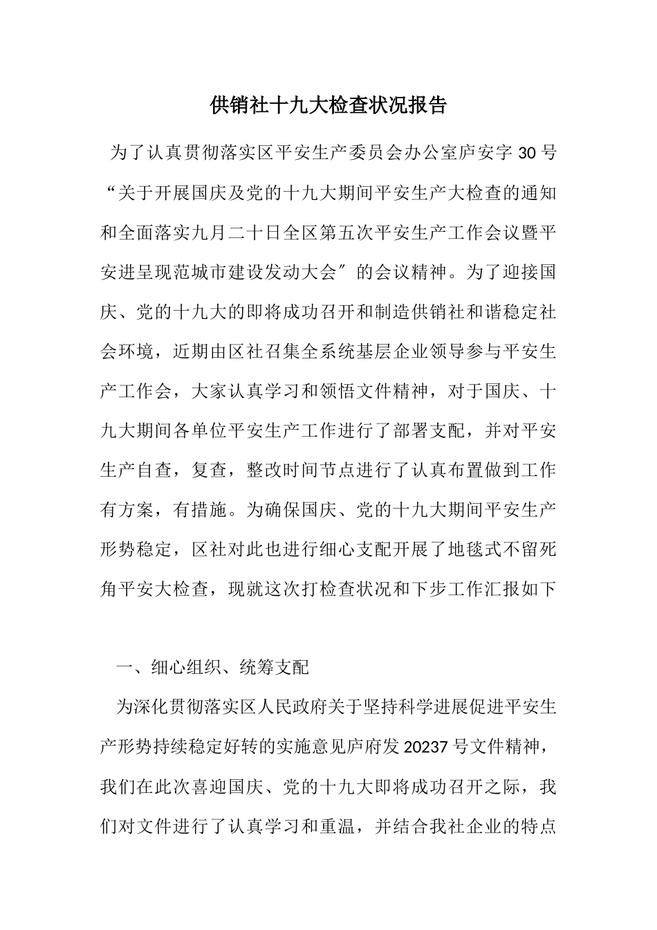 2023年供销社十九大检查情况报告.docx_第1页