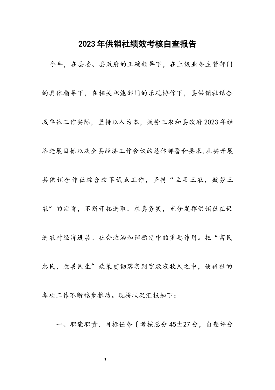 2023年供销社绩效考核自查报告.docx_第1页