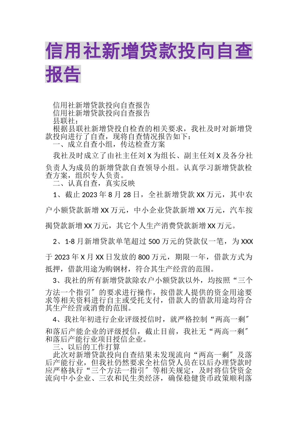 2023年信用社新增贷款投向自查报告.doc_第1页