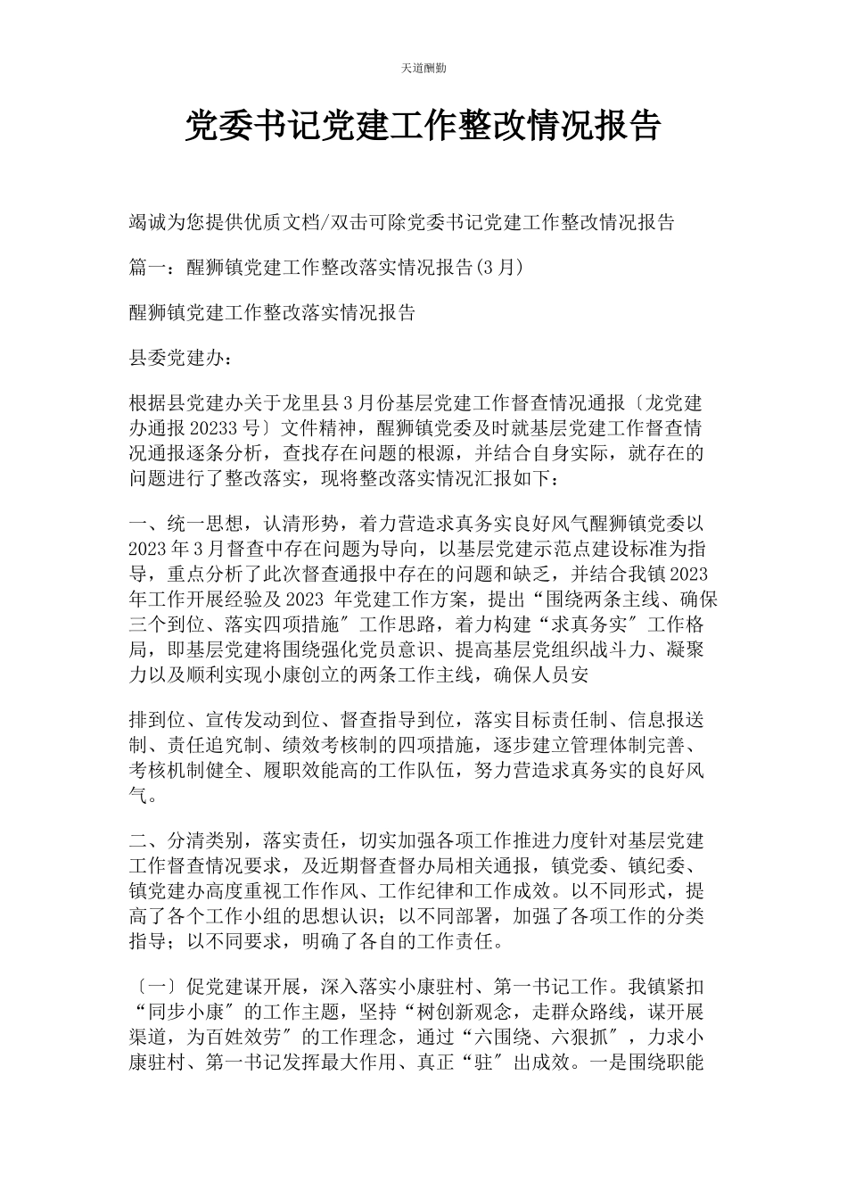 2023年党委书记党建工作整改情况报告.docx_第1页