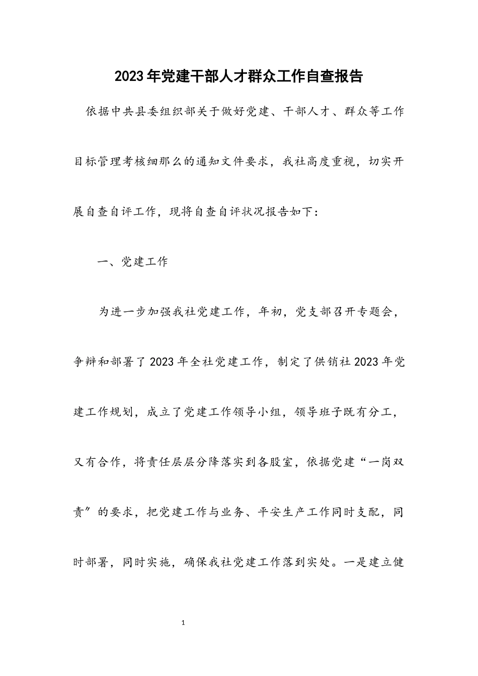 2023年党建干部人才群众工作自查报告.docx_第1页