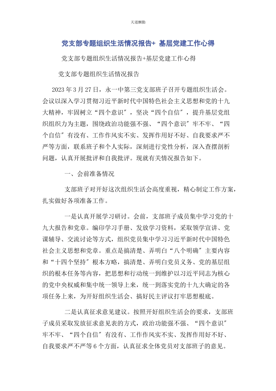 2023年党支部专题组织生活情况报告 基层党建工作心得范文.docx_第1页