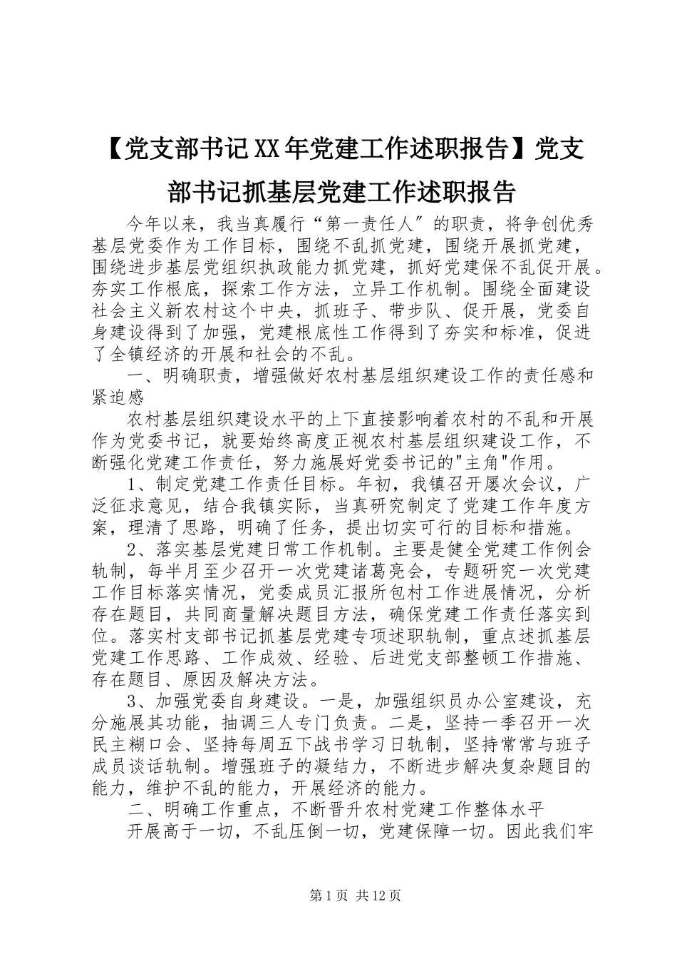 2023年党支部书记党建工作述职报告党支部书记抓基层党建工作述职报告.docx_第1页