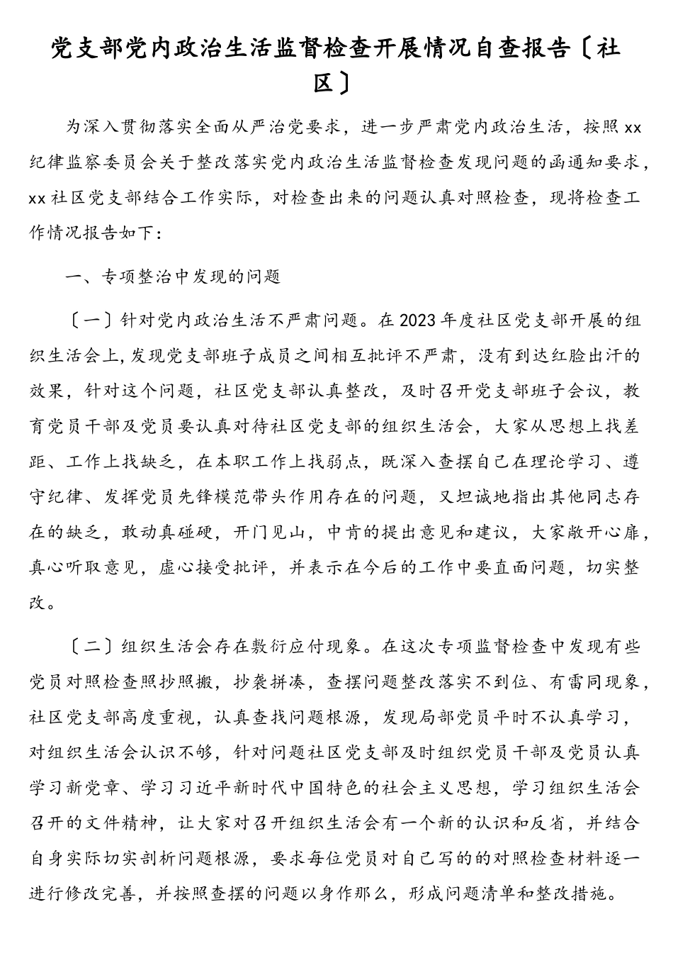 2023年党支部党内政治生活监督检查开展情况自查报告社区.doc_第1页