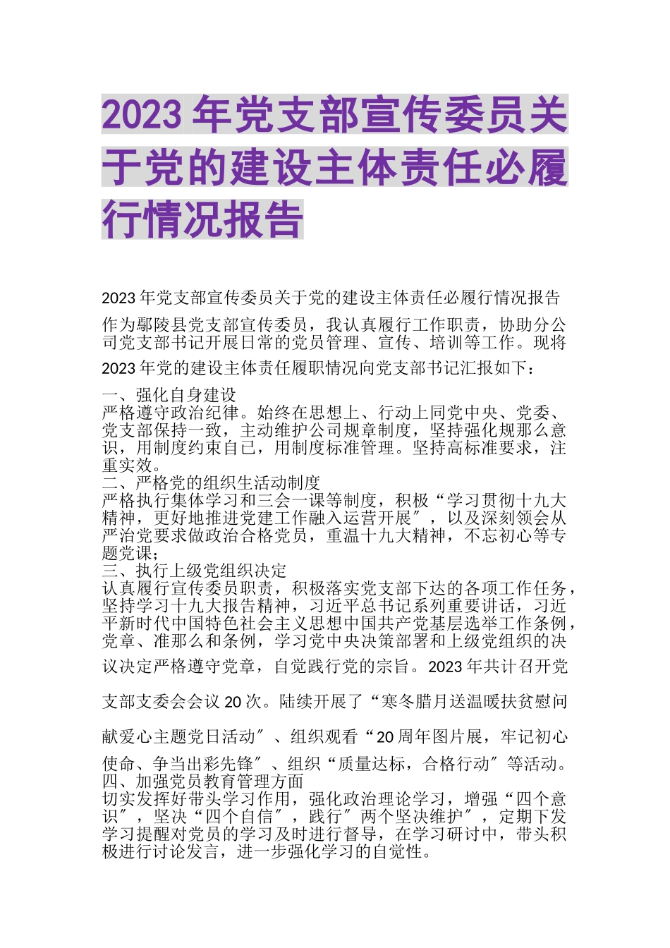 2023年党支部宣传委员关于党的建设主体责任必履行情况报告.doc_第1页