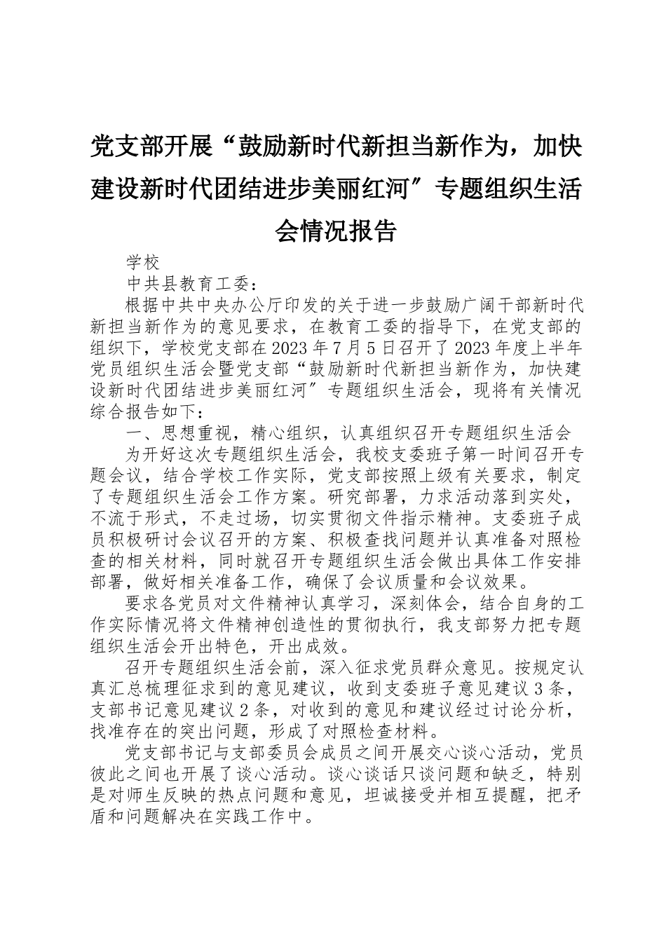 2023年党支部开展“激励新时代新担当新作为加快建设新时代团结进步美丽红河”专题组织生活会情况报告.docx_第1页