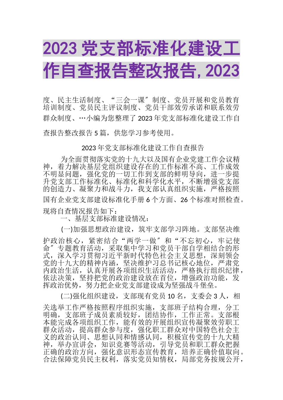 2023年党支部标准化建设工作自查报告整改报告,.doc_第1页