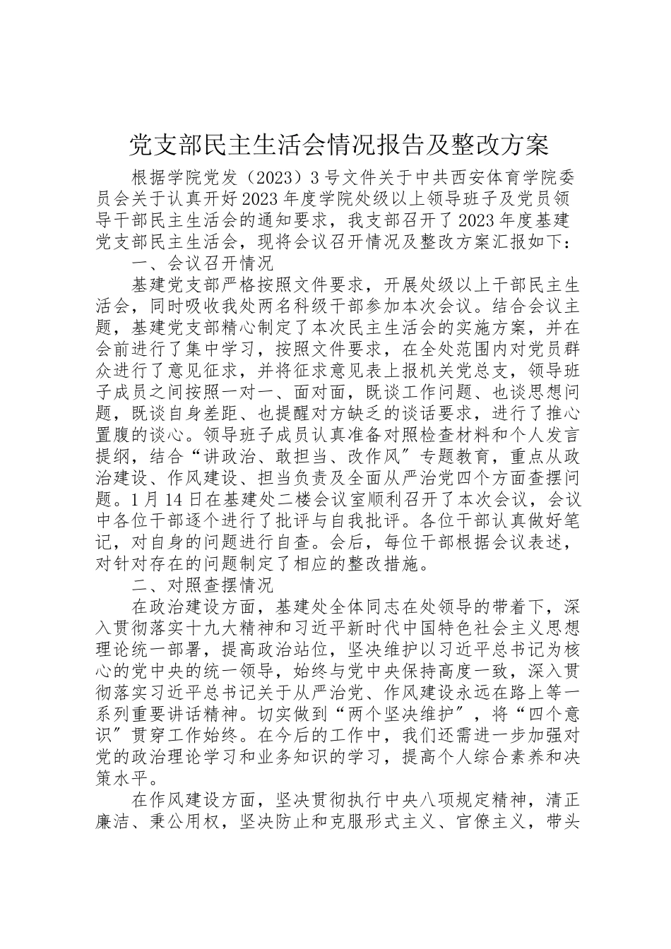 2023年党支部民主生活会情况报告及整改方案.doc_第1页