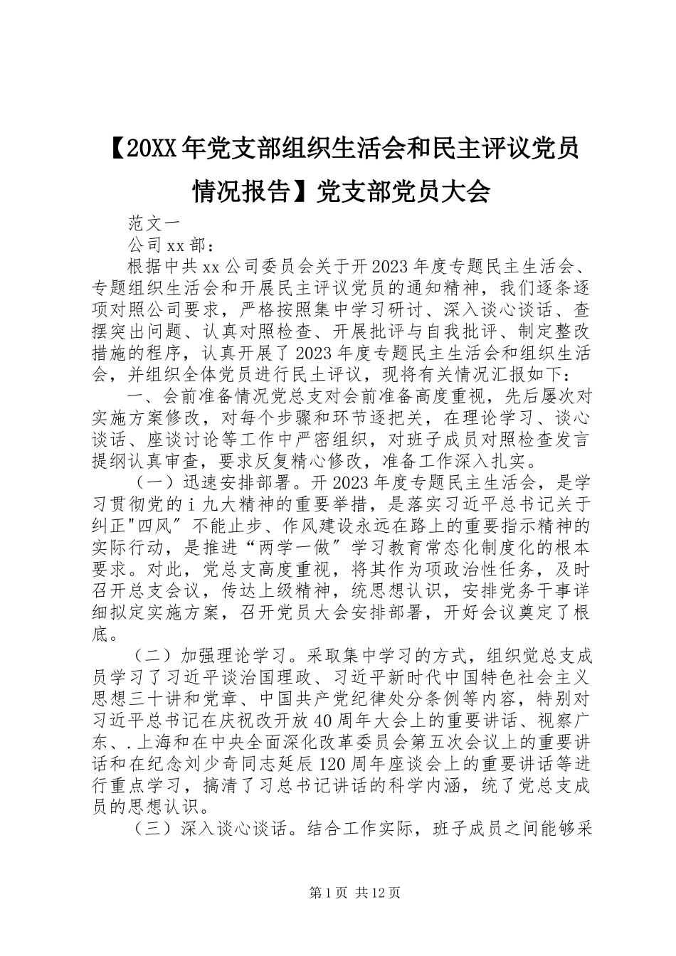 2023年党支部组织生活会和民主评议党员情况报告党支部党员大会.docx_第1页