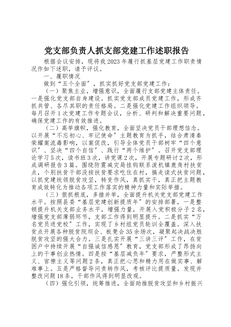 2023年党支部负责人抓支部党建工作述职报告.docx_第1页
