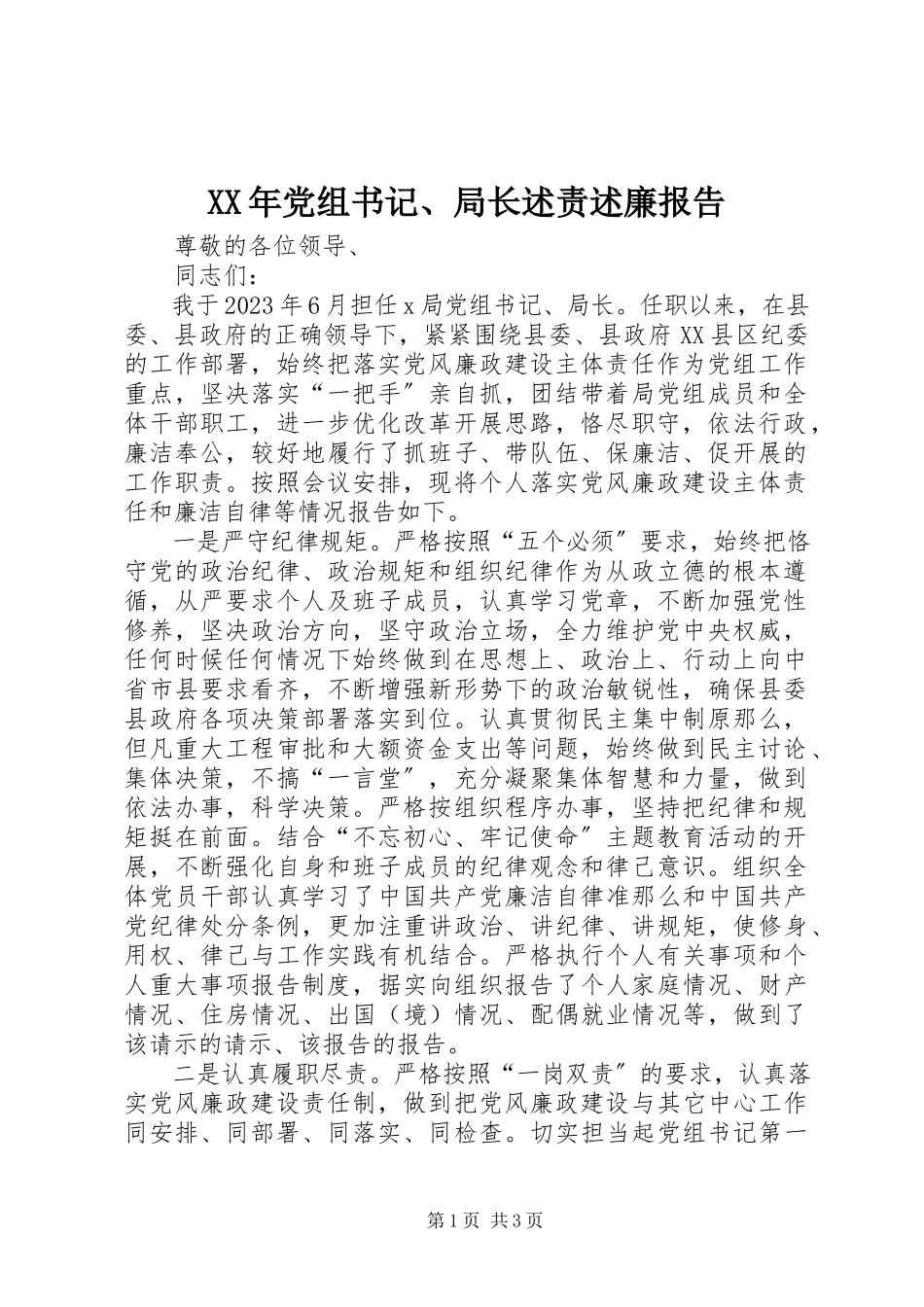 2023年党组书记、局长述责述廉报告.docx_第1页