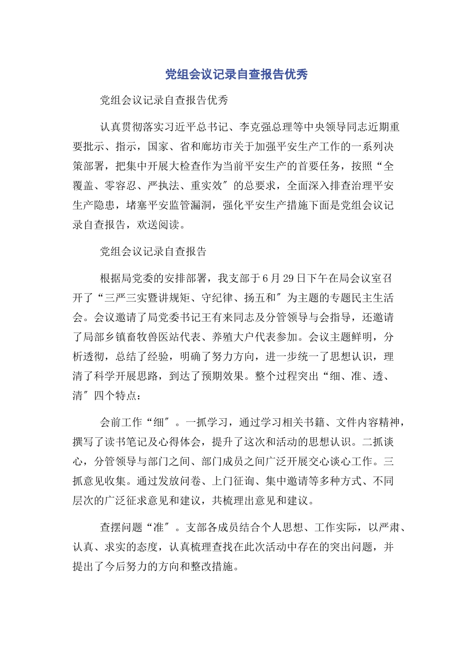 2023年党组会议记录自查报告优秀.docx_第1页