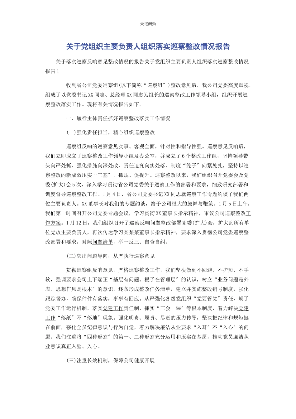 2023年党组织主要负责人组织落实巡察整改情况报告2.docx_第1页