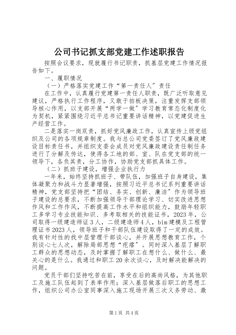 2023年公司书记抓支部党建工作述职报告.docx_第1页