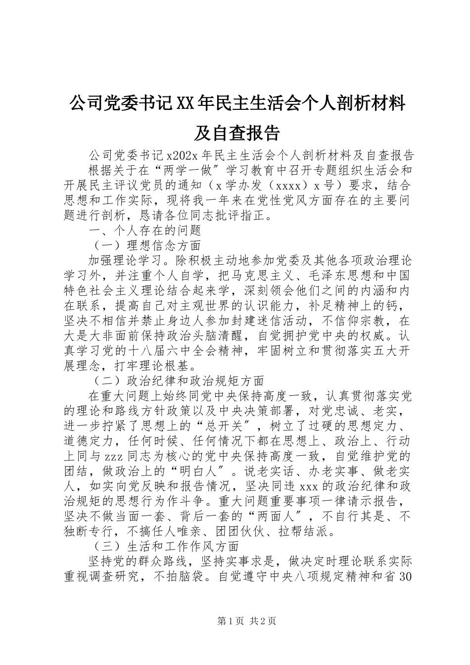 2023年公司党委书记某年民主生活会个人剖析材料及自查报告.docx_第1页