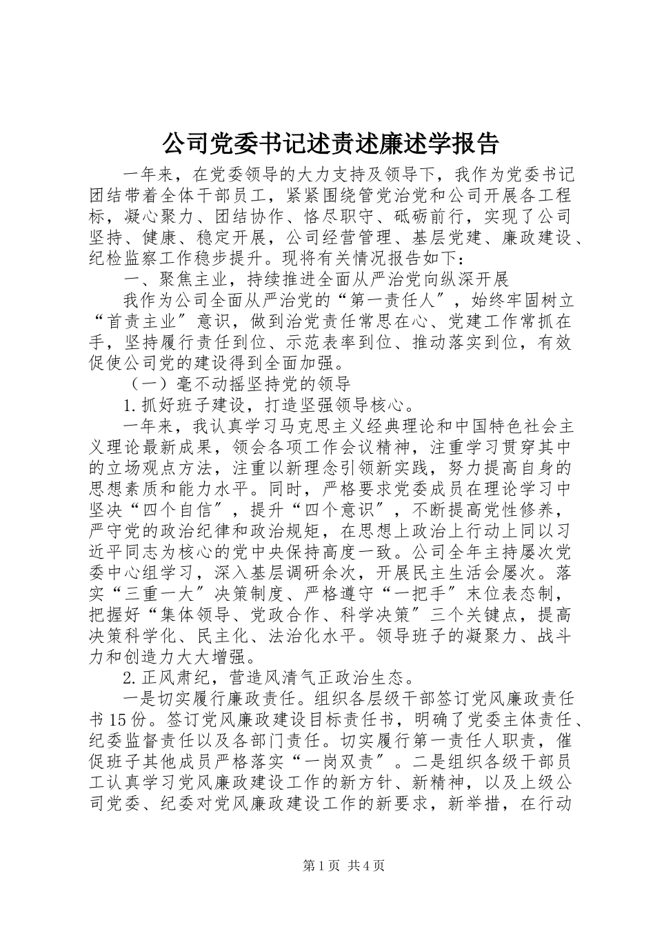 2023年公司党委书记述责述廉述学报告.docx_第1页