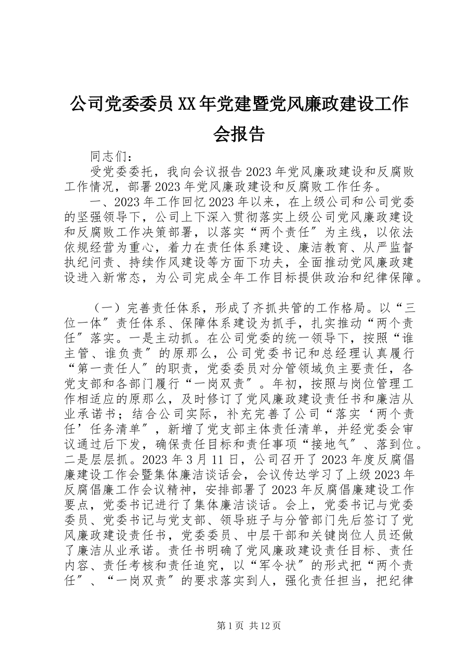 2023年公司党委委员某年党建暨党风廉政建设工作会报告.docx_第1页