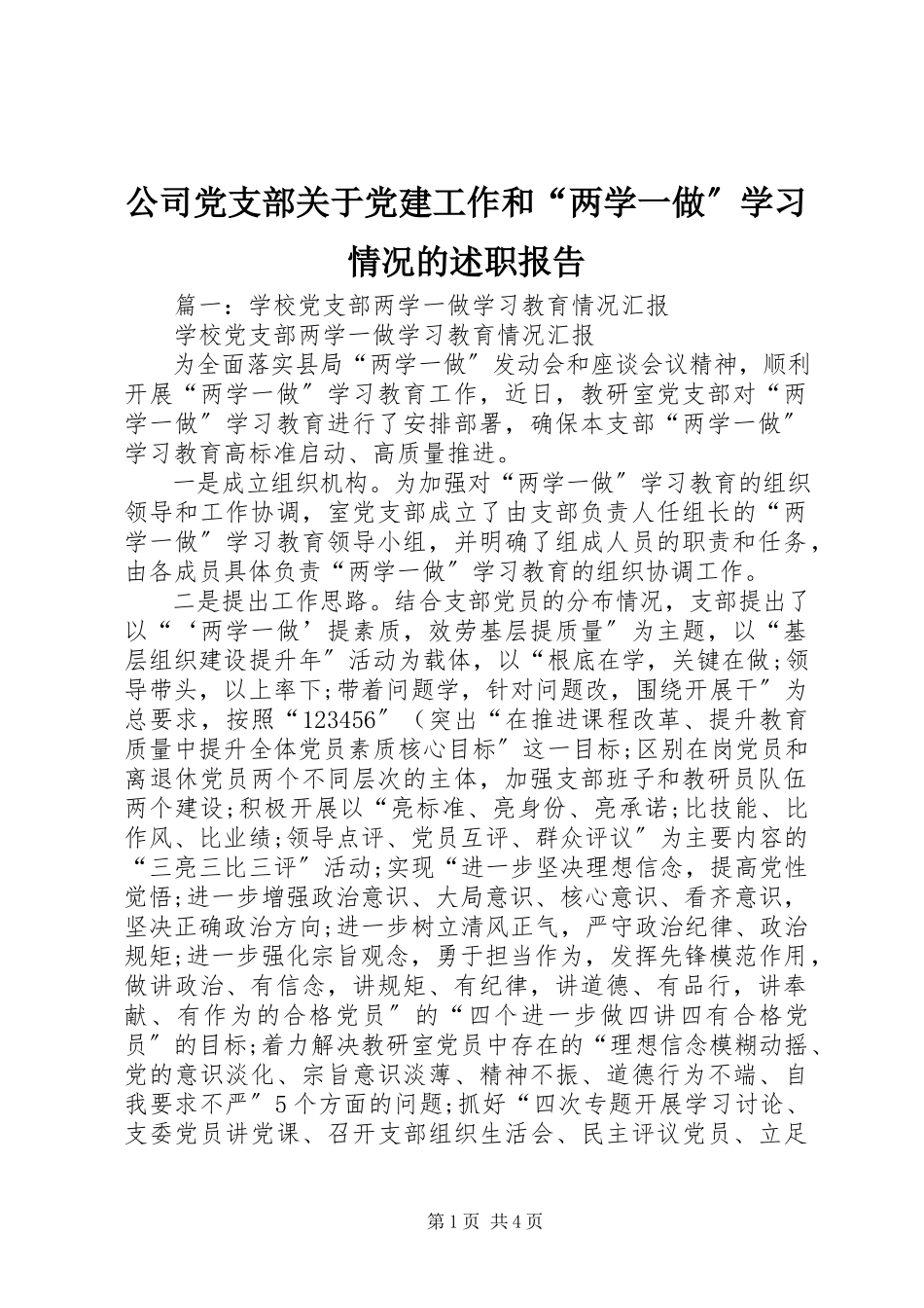 2023年公司党支部党建工作和“两学一做”学习情况的述职报告.docx_第1页