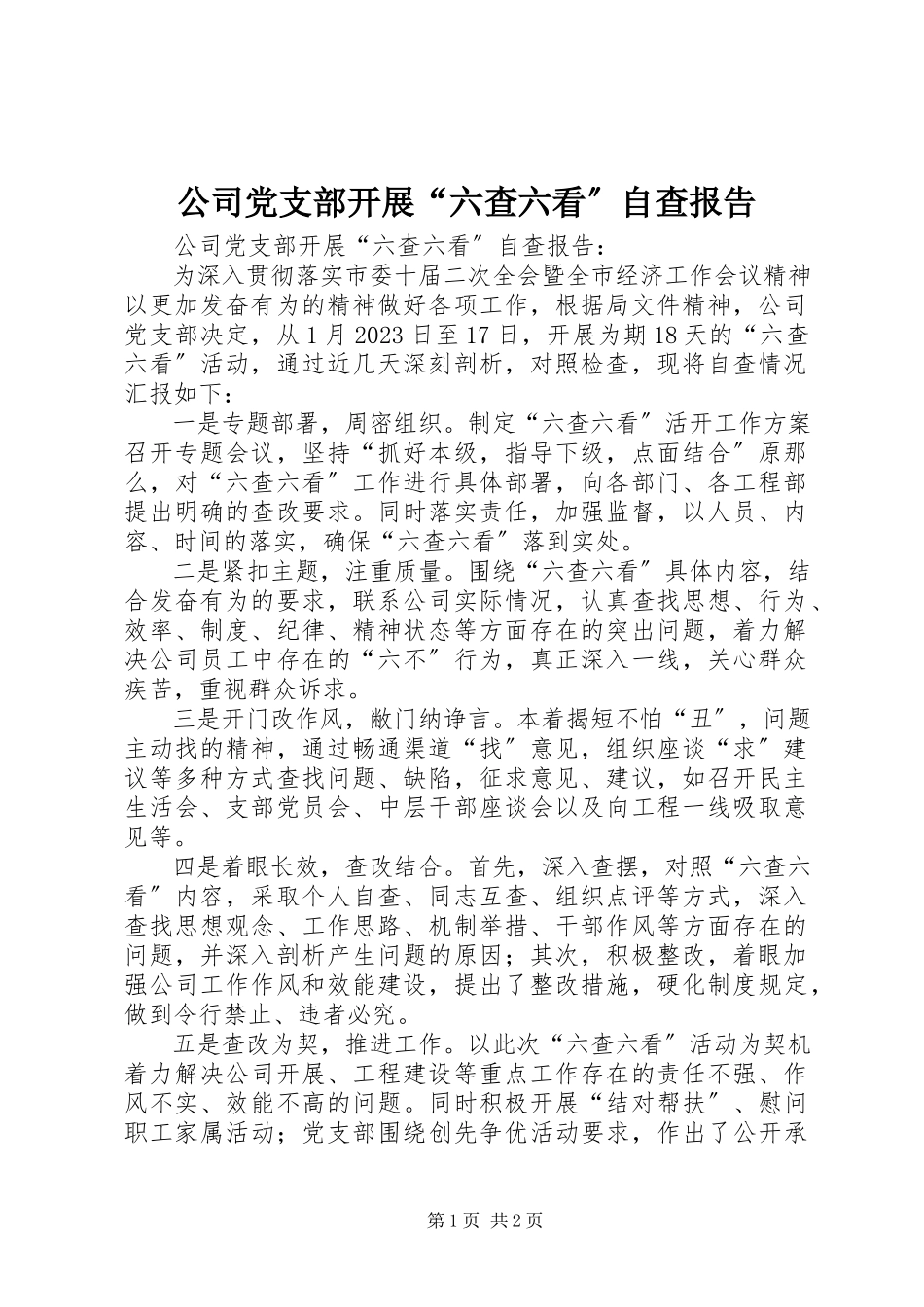 2023年公司党支部开展“六查六看”自查报告.docx_第1页