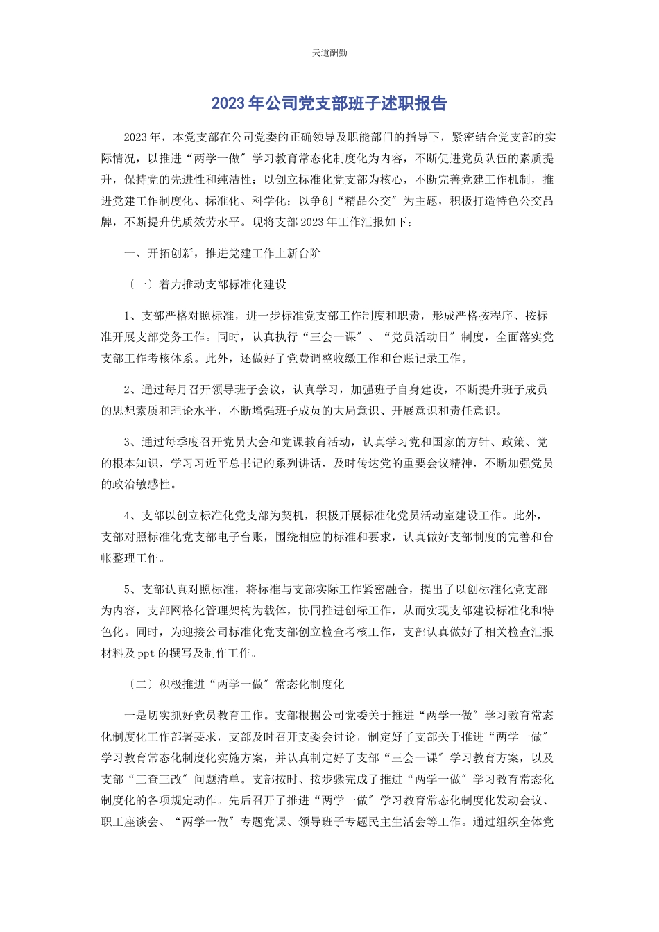 2023年公司党支部班子述职报告.docx_第1页