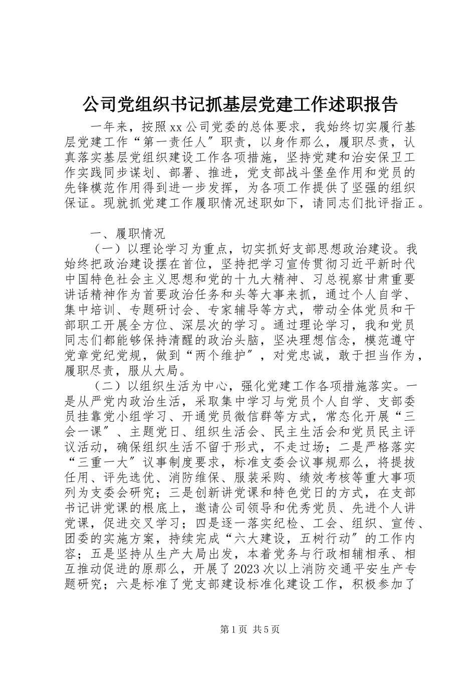 2023年公司党组织书记抓基层党建工作述职报告.docx_第1页