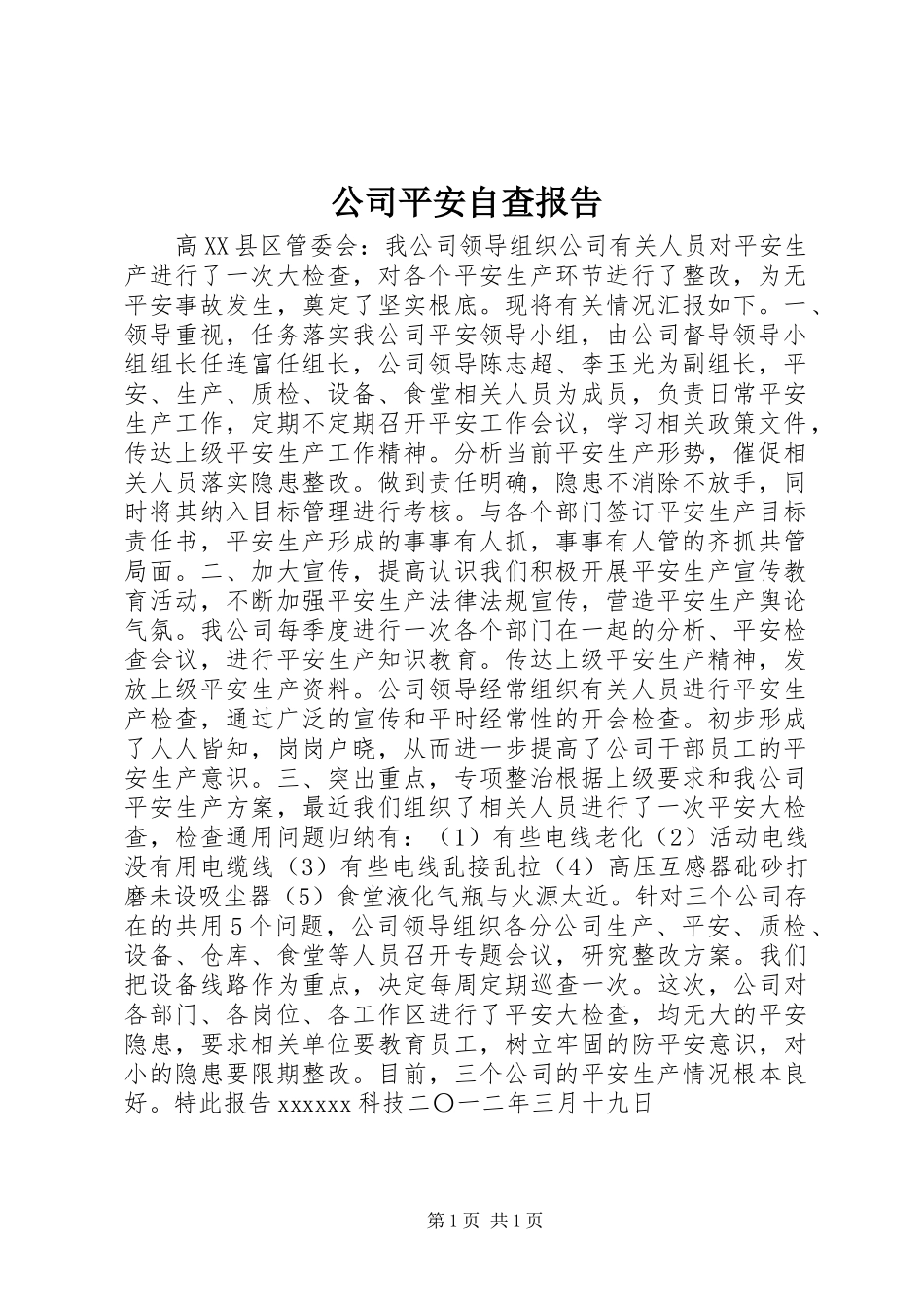 2023年公司安全自查报告.docx_第1页