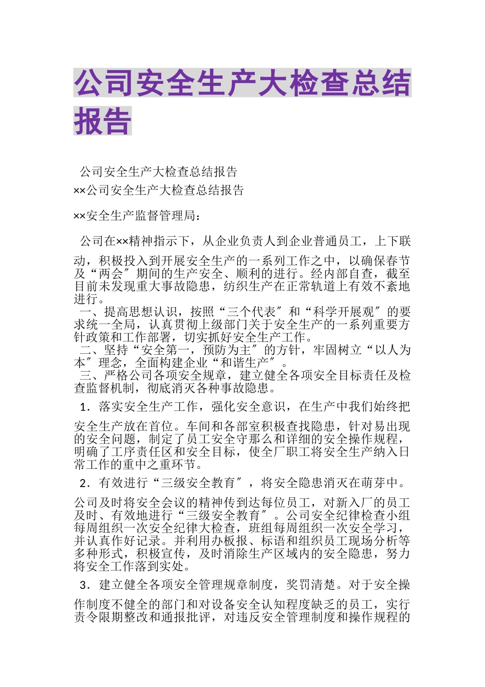 2023年公司安全生产大检查总结报告.doc_第1页