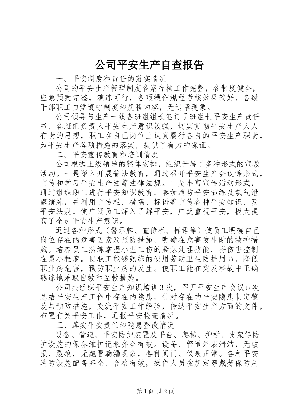 2023年公司安全生产自查报告.docx_第1页