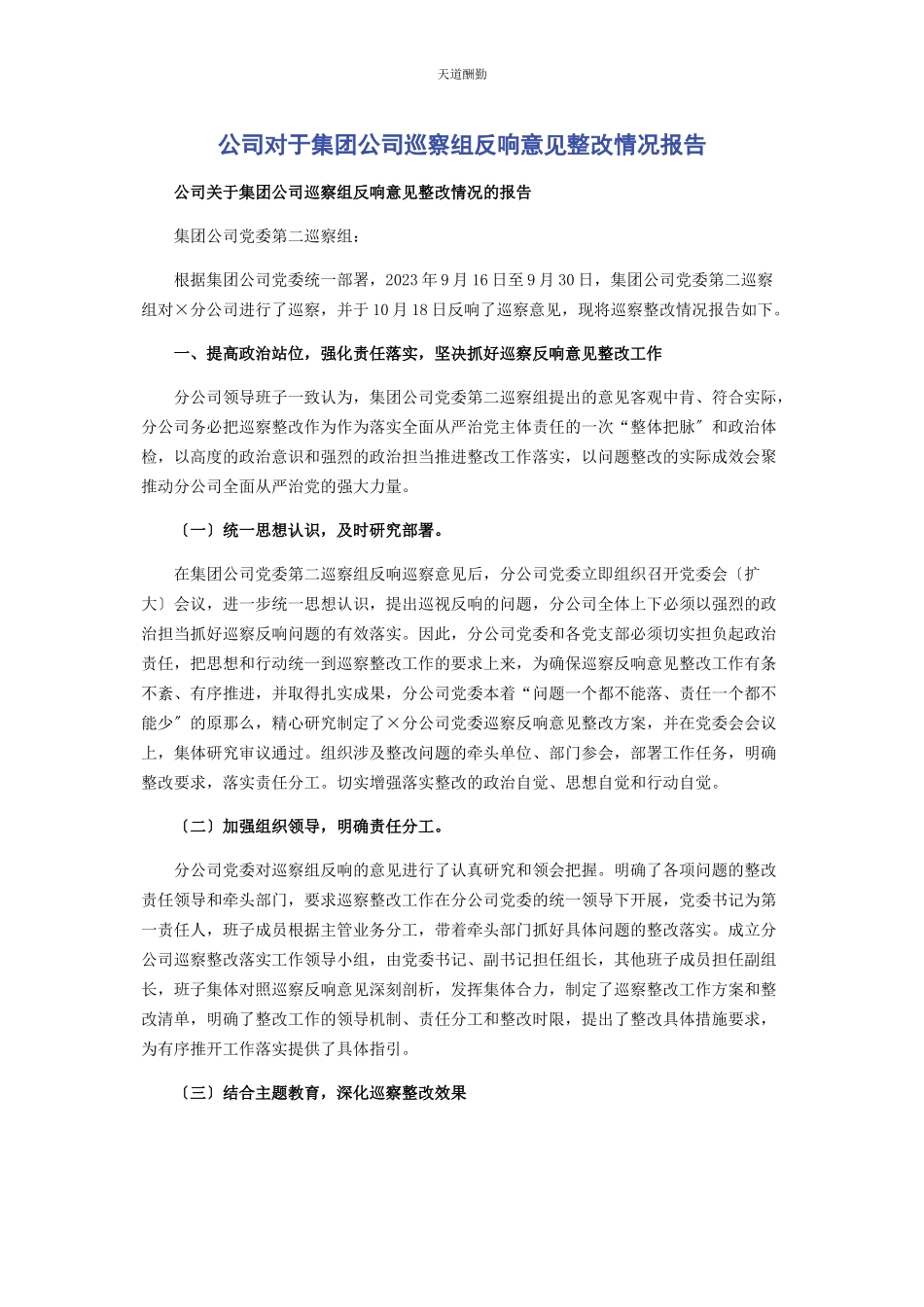 2023年公司对于集团公司巡察组反馈意见整改情况报告.docx_第1页