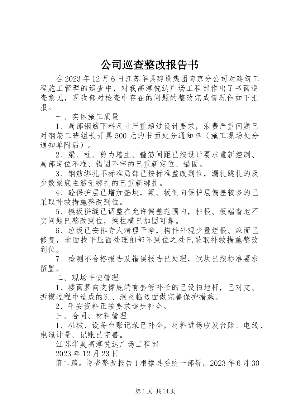 2023年公司巡查整改报告书.docx_第1页