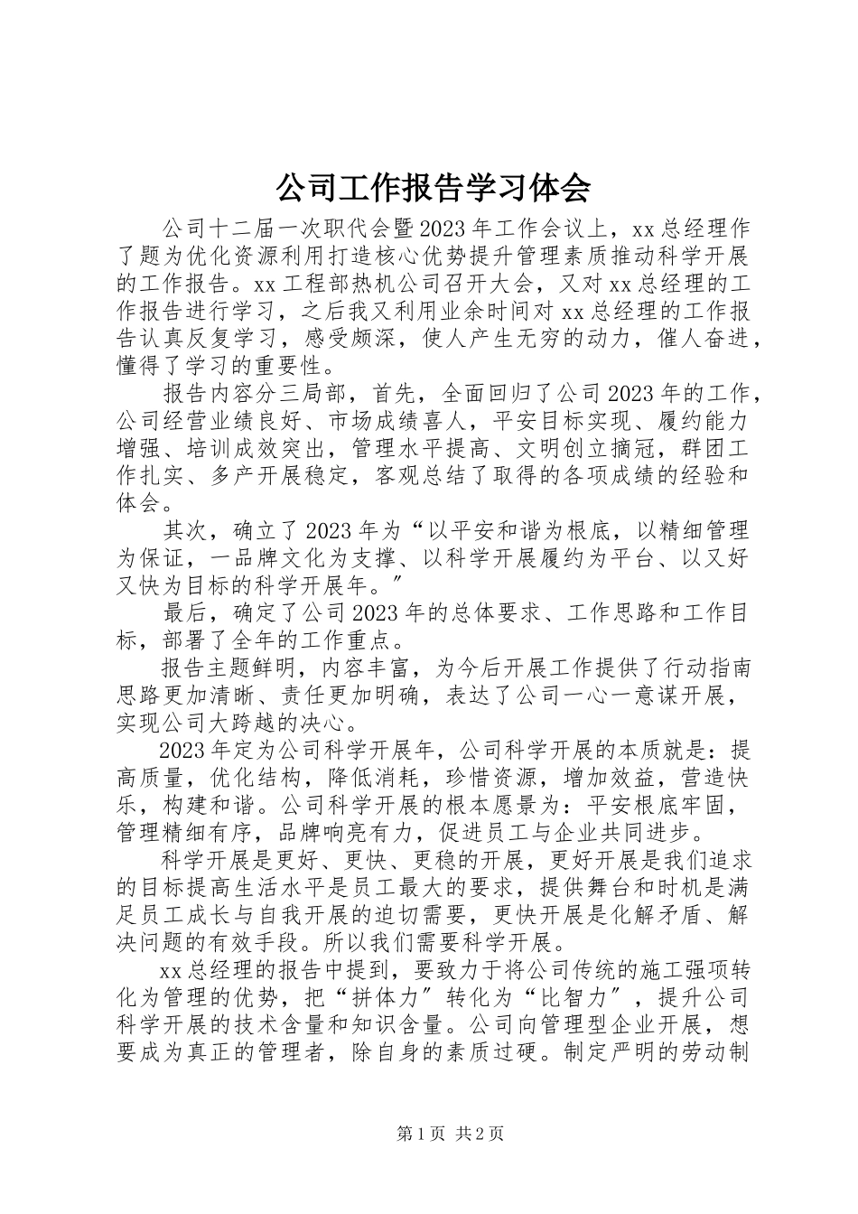 2023年公司工作报告学习体会.docx_第1页