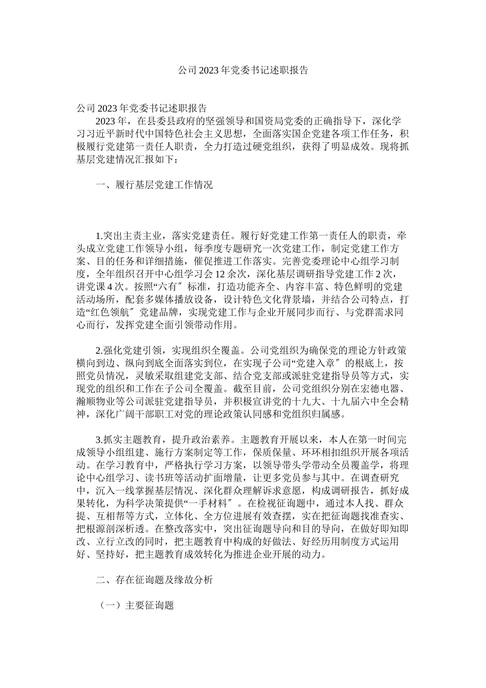 2023年公司年党委书记述职报告.docx_第1页