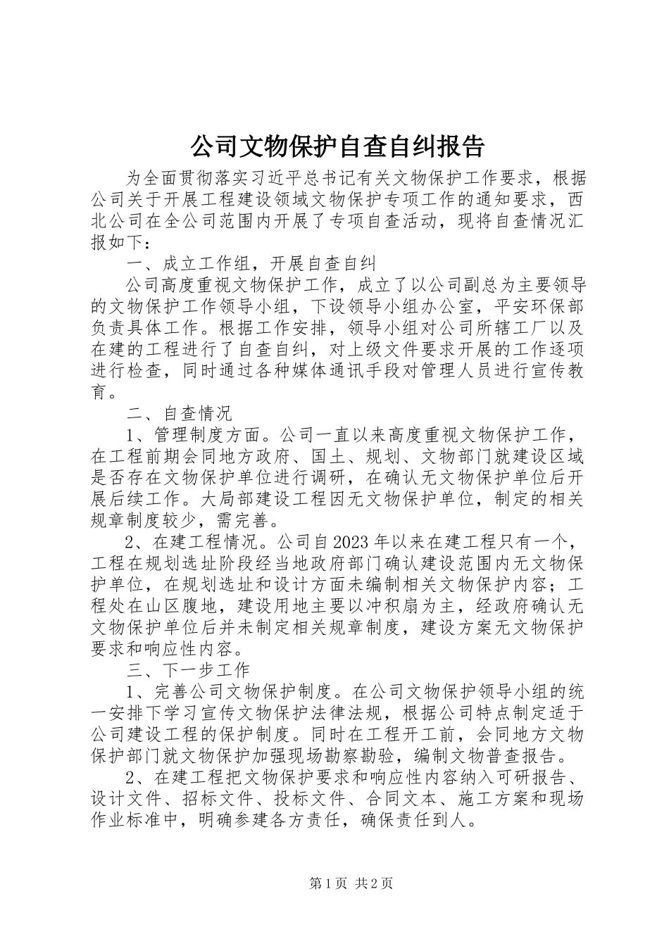 2023年公司文物保护自查自纠报告.docx_第1页