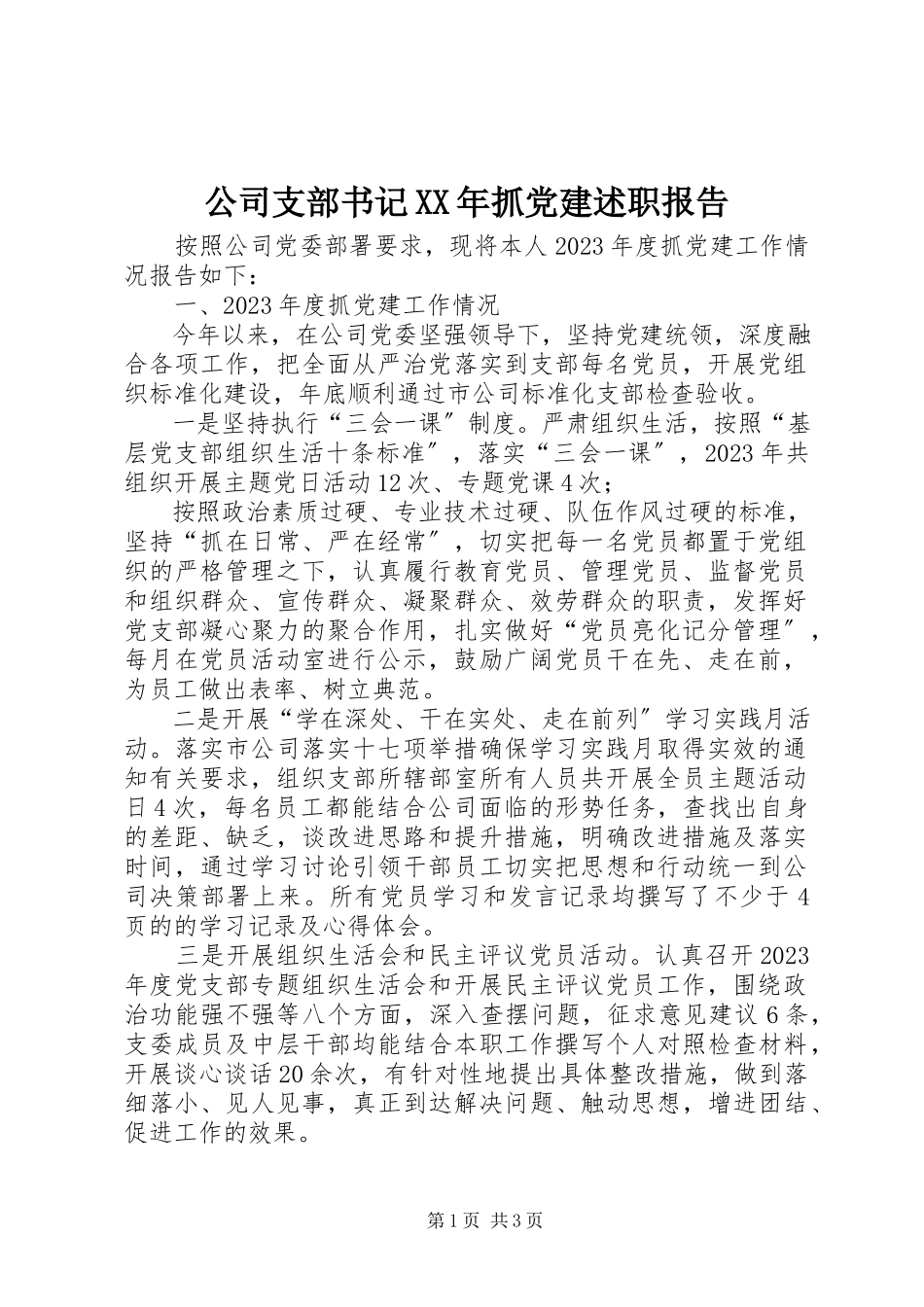 2023年公司支部书记某年抓党建述职报告.docx_第1页