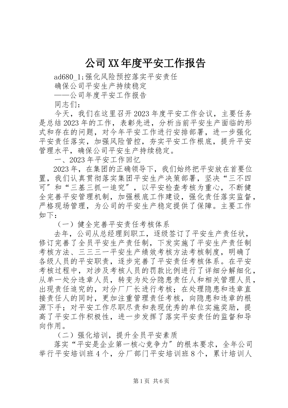 2023年公司某年度安全工作报告.docx_第1页