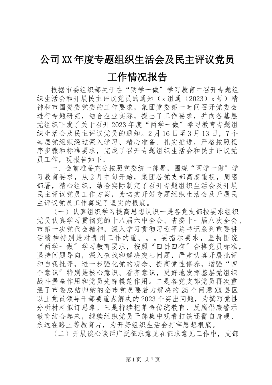 2023年公司某年度专题组织生活会及民主评议党员工作情况报告.docx_第1页